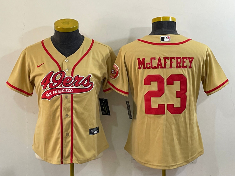 Youth San Francisco 49ers #23 Christian McCaffrey Gold With Patch Cool Base Stitched Baseball Jersey